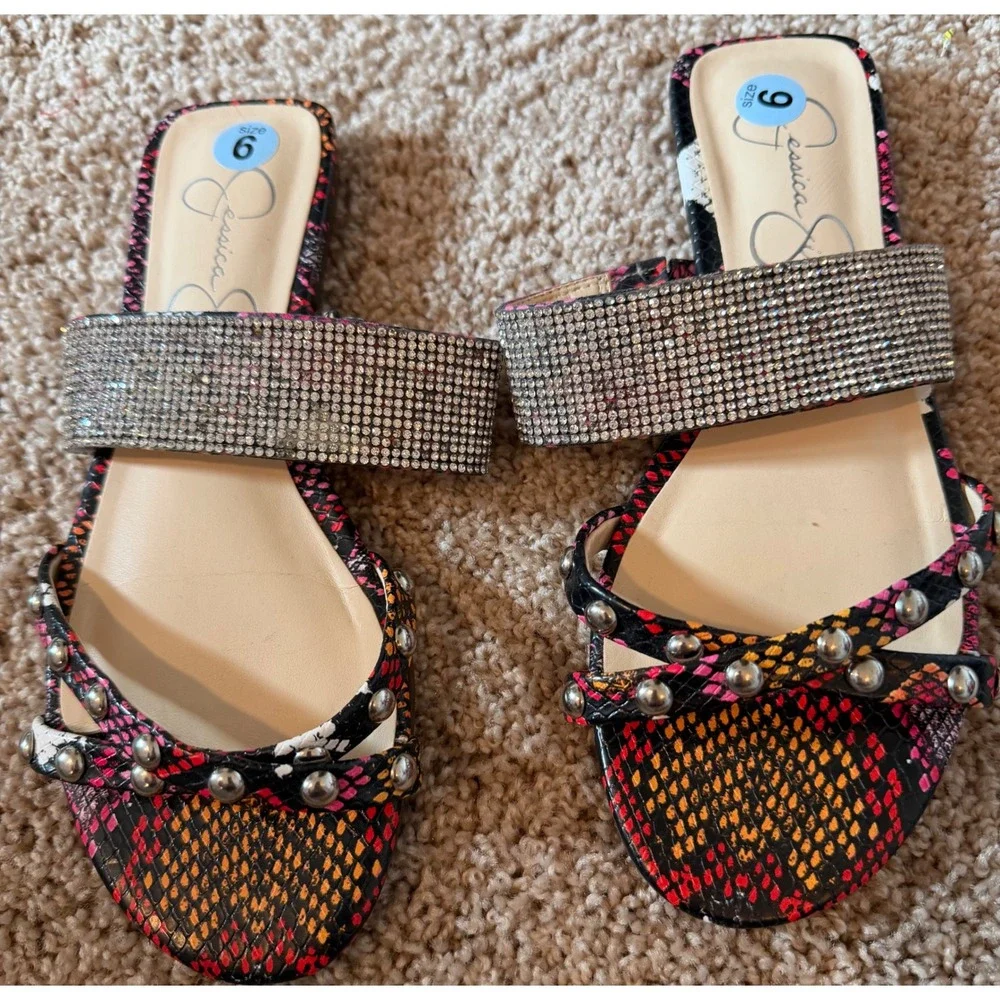 Jessica Simpson Womens Rhinestone Studded Snakeskin Print Flat Slide Sandals 6M